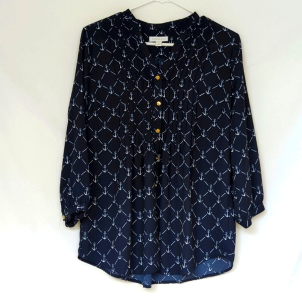 CHARTER CLUB | Navy Anchor Print Blouse Nautical Lightweight Top